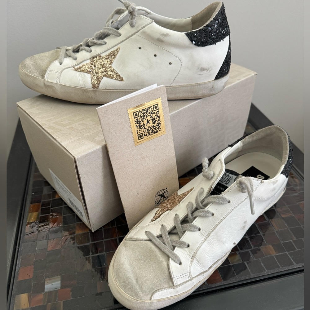Golden Goose White Sneakers with Gold Star and Black Glitter Heel